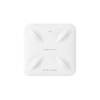 White square Wi‑Fi 6 AX6000 access point with rounded corners and four diagonal vent crosses, branded Ruijie.