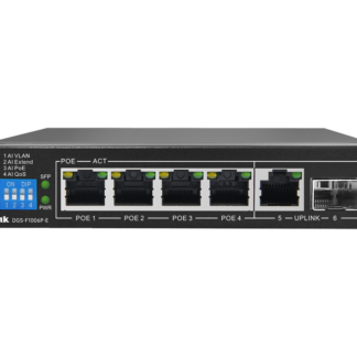 Front panel of a D-Link DGS-F1006P-E PoE switch showing four PoE ports (1–4) and an uplink/SFP port (5–6) with status LEDs above each port