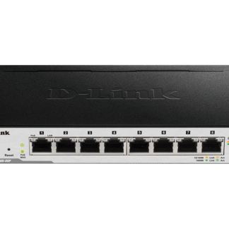 D-Link 8-port PoE network switch (front view) with labeled ports 1–8 and status LEDs.