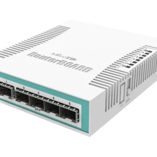 MikroTik RouterBOARD network router/switch with five Ethernet ports labeled 1–5 and an SFP slot on a white metal enclosure
