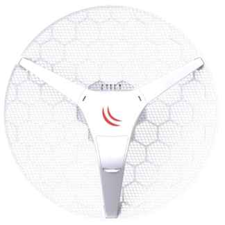 Circular white fan guard with hexagonal mesh and a white three-armed center hub featuring a red curved logo.