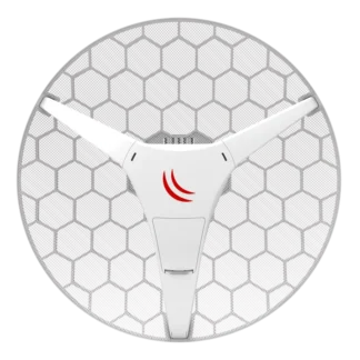 Circular drone with three white arms forming a Y shape, viewed from above, white hub and red logo at center.