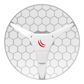 White three-arm gadget with a red curved logo in the center, placed on a textured circular background.