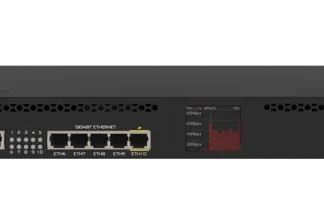Rack-mount MikroTik RouterBOARD RB3011 UiAS-RM front panel: multiple Ethernet ports with status LEDs and a small display, typical 1U network router/switch.