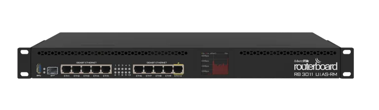 Rack-mount MikroTik RouterBOARD RB3011 UiAS-RM front panel: multiple Ethernet ports with status LEDs and a small display, typical 1U network router/switch.