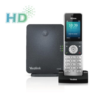 Yealink cordless office phone with its base station and handset on a dock; HD logo in the corner.