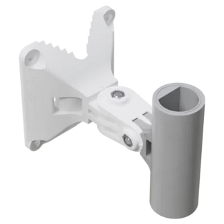 White plastic wall-mount bracket with an adjustable joint and a gray tube clamp.