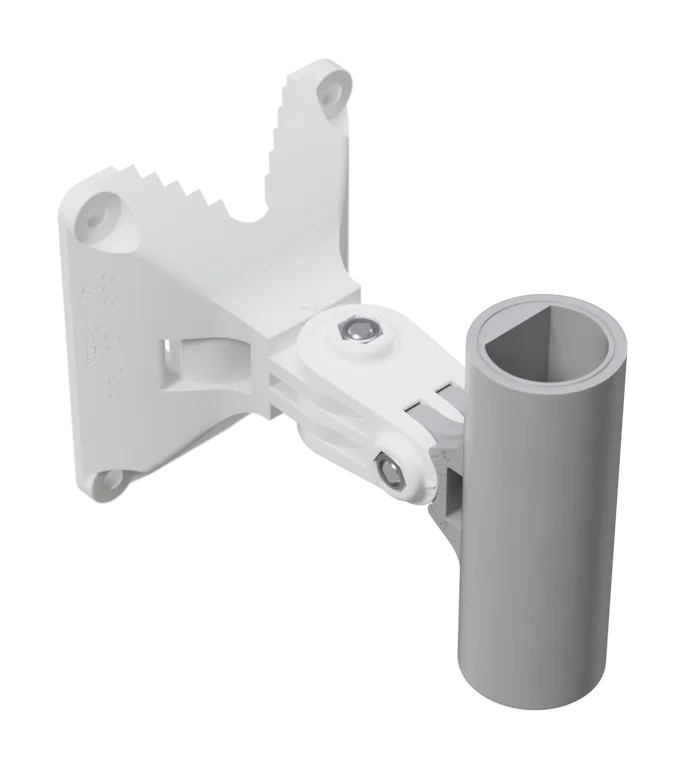 White plastic wall-mount bracket with an adjustable joint and a gray tube clamp.