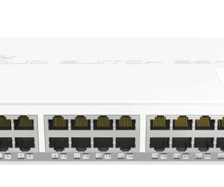 White MikroTik Cloud Router Switch with 24 Ethernet ports on the front panel and two small SFP slots, a rack-mountable network switch.