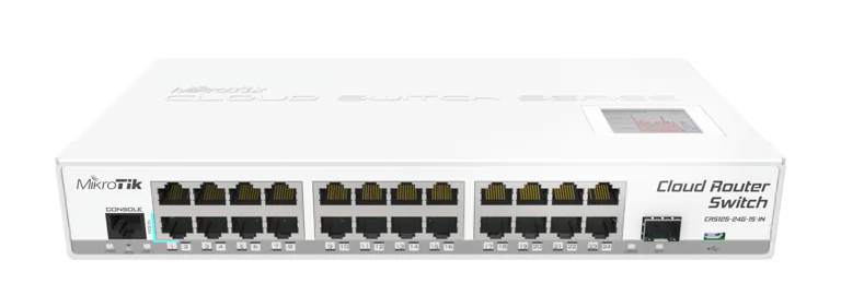 White MikroTik Cloud Router Switch with 24 Ethernet ports on the front panel and two small SFP slots, a rack-mountable network switch.
