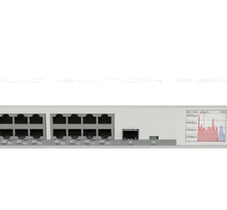 Front panel of MikroTik Cloud Router Switch CRS328-24P-4S+RM: 24 PoE Ethernet ports, 4 SFP+ ports, status LEDs, and a small display.