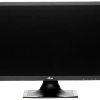 Black flat-screen computer monitor on a stand with a blank/black display.