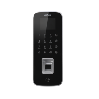 Dahua door access panel: black, wall-mounted with numeric keypad, small display, and fingerprint reader at bottom.
