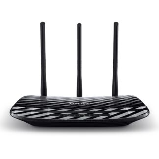 Tri-antenna wireless router with a glossy black geometric top, facing forward. It provides Wi‑Fi connectivity.