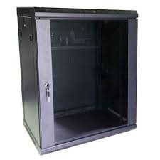 Small black metal cabinet with a glass front and a lock; empty interior.
