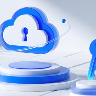 Blue cloud with a lock icon and a key, symbolizing cloud security and data protection.