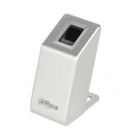 White Dahua access control card reader with a dark scan window, mounted on a small stand/plate.