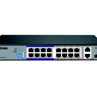 Front view of a D-Link DES-F1016P-E 16-port Ethernet switch with LED indicators above each port and PoE/status lights on the right side