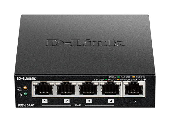 D-Link network switch with five PoE ports labeled 1–5 and status LEDs on the front panel damage-free device picture (DGS-1005P)