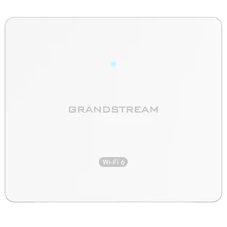 White Grandstream Wi‑Fi 6 access point with a blue status LED and rounded corners (front view). Typical network device used for wireless coverage.