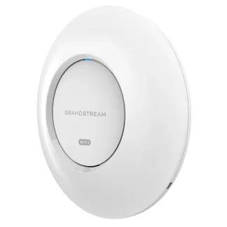 White circular Grandstream access point mounted on wall or ceiling, center panel labeled GRANDSTREAM with Wi-Fi indicator light.