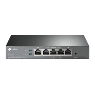 TP-Link load-balancing broadband router (TL-R470T+) with five Ethernet ports labeled WAN, WAN/LAN, and LAN; small reset button on the right