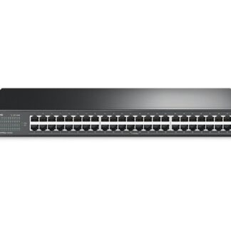 Front view of a black 48-port Ethernet switch with LED status lights on the left.