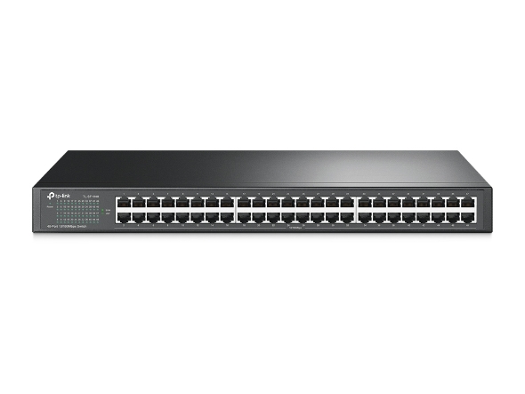 Front view of a black 48-port Ethernet switch with LED status lights on the left.