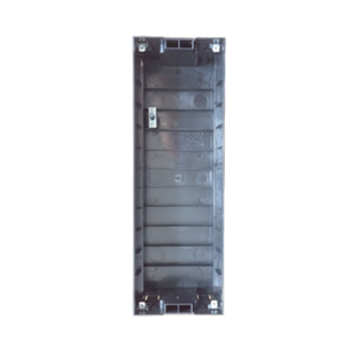 Tall, narrow empty equipment rack enclosure facing front with mounting rails and screw holes