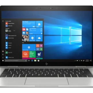 Silver HP laptop open, showing Windows 10 desktop with blue background and start menu