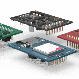 Four colored circuit boards with components floating in midair, showing an exploded electronic assembly.