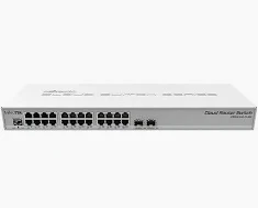 Front view of a silver Ethernet switch with two rows of RJ-45 ports on the front panel.