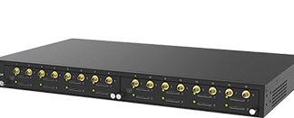 Front view of a 1U rack-mount hardware audio/video distribution switch with eight channels, each with control knobs and LED indicators visible on the front panel.